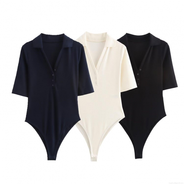 Women's Slim Fit Ribbed Knit Short Sleeve Bodysuit Sexy V Neck Polo Collar Button Up One Piece Jumpsuit Top Solid Color Streetwear Women's Slim Fit Ribbed Knit Short Sleeve Bodysuit Sexy V Neck Polo Collar Button Up One Piece Jumpsuit Top Solid Color Streetwear