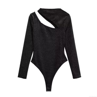 Women's Sexy Black Velvet Glitter Bodysuit Long Sleeve Cut Out Asymmetric Neck One Piece Bodycon Top Streetwear Party Clubwear Women's Sexy Black Velvet Glitter Bodysuit Long Sleeve Cut Out Asymmetric Neck One Piece Bodycon Top Streetwear Party Clubwear