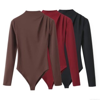 Women Mock Neck Pleated Shoulder Bodysuit Polyester Long Sleeve Slim Fit Sexy Solid Color Leotard Top For Party Daily Casual Streetwear Outfit