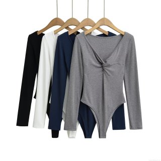 Women's Sexy Deep V Neck Long Sleeve Bodysuit With Twist Front Knotted Design Slim Fit Solid Color Polyester Ribbed Knit Jumpsuit Romper For Clubwear Party Casual Tops Women's Sexy Deep V Neck Long Sleeve Bodysuit With Twist Front Knotted Design Slim Fit Solid Color Polyester Ribbed Knit Jumpsuit Romper For Clubwear Party Casual Tops