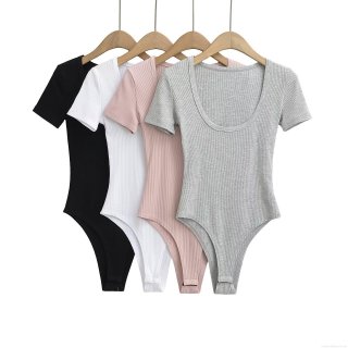 Women's U-Neck Short Sleeve Ribbed Bodysuit Slim Fit Stretchy Leotard Jumpsuit Casual Summer Streetwear Tee Top For Ladies Women's U-Neck Short Sleeve Ribbed Bodysuit Slim Fit Stretchy Leotard Jumpsuit Casual Summer Streetwear Tee Top For Ladies