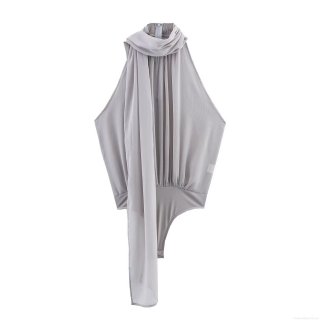 Women's Halter Neck Chiffon Bodysuit Sleeveless Pleated Jumpsuit With Scarf Streamer Elegant Backless Bodysuit For Party Summer Streetwear Grey Women's Halter Neck Chiffon Bodysuit Sleeveless Pleated Jumpsuit With Scarf Streamer Elegant Backless Bodysuit For Party Summer Streetwear Grey