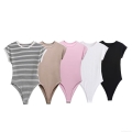 Women's Sexy Ribbed Knit Short Sleeve Bodysuit Slim Fit Round Neck Snap Button Closure Basic Solid Color Striped Jumpsuit For Women Daily Casual Wear Women's Sexy Ribbed Knit Short Sleeve Bodysuit Slim Fit Round Neck Snap Button Closure Basic Solid Color Striped Jumpsuit For Women Daily Casual Wear