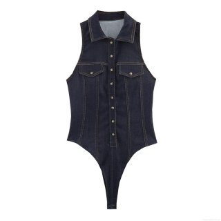 Women Dark Blue Denim Sleeveless Lapel Bodysuit Metal Buttons Contrast Stitching Slim Fit Casual One Piece Romper Top Women Dark Blue Denim Sleeveless Lapel Bodysuit Metal Buttons Contrast Stitching Slim Fit Casual One Piece Romper Top