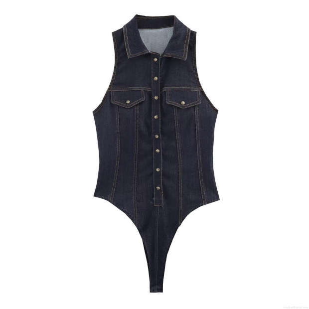 Women Dark Blue Denim Sleeveless Lapel Bodysuit Metal Buttons Contrast Stitching Slim Fit Casual One Piece Romper Top