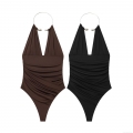 Sexy Halter Bodysuit Women Metal Ring Backless Ruched Slim Fit Sleeveless One Piece Jumpsuit For Party Clubwear Solid Color Tops Sexy Halter Bodysuit Women Metal Ring Backless Ruched Slim Fit Sleeveless One Piece Jumpsuit For Party Clubwear Solid Color Tops