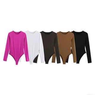 Women's Sexy Long Sleeve Round Neck Bodysuit Milk Silk Slim Fit Solid Color Leotard Basic Jumpsuit Top for Daily Dating Party Ladies Fashion