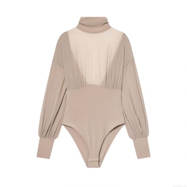 Women's Sexy High Neck Mesh Patchwork Bodysuit Long Sleeve Pleated Sheer Jumpsuit Elegant Slim Fit Khaki Top For Party Club Dating
