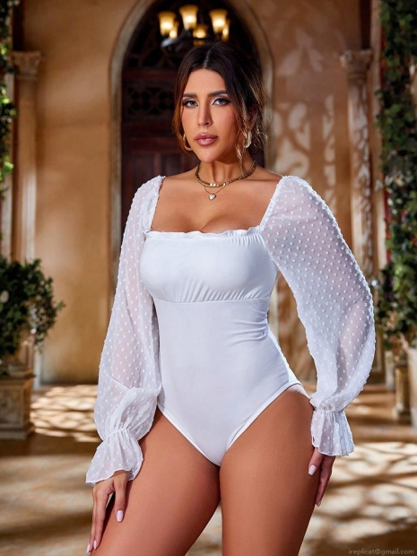 Women's Square Neck Long Sleeve Bodysuit Swiss Dot Mesh Patchwork Back Lace-up Slim Fit White Jumpsuit Top For Party Women's Square Neck Long Sleeve Bodysuit Swiss Dot Mesh Patchwork Back Lace-up Slim Fit White Jumpsuit Top For Party