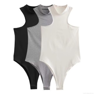 Women's High Neck Sleeveless Bodysuit 95% Polyester 5% Elastane Sexy Slim Fit Mock Neck Ribbed Knit Jumpsuit For Party Clubwear Summer Daily Wear Women's High Neck Sleeveless Bodysuit 95% Polyester 5% Elastane Sexy Slim Fit Mock Neck Ribbed Knit Jumpsuit For Party Clubwear Summer Daily Wear
