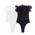 Sexy Women's Ribbed Bodysuit With Layered Organza Ruffle Trim Sleeveless Slim Fit Jumpsuit For Party Clubwear Sleek Style Solid Color White Black Sexy Women's Ribbed Bodysuit With Layered Organza Ruffle Trim Sleeveless Slim Fit Jumpsuit For Party Clubwear Sleek Style Solid Color White Black