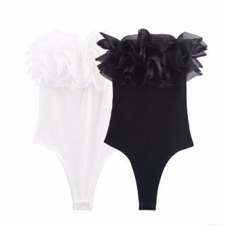 Sexy Women's Ribbed Bodysuit With Layered Organza Ruffle Trim Sleeveless Slim Fit Jumpsuit For Party Clubwear Sleek Style Solid Color White Black Sexy Women's Ribbed Bodysuit With Layered Organza Ruffle Trim Sleeveless Slim Fit Jumpsuit For Party Clubwear Sleek Style Solid Color White Black