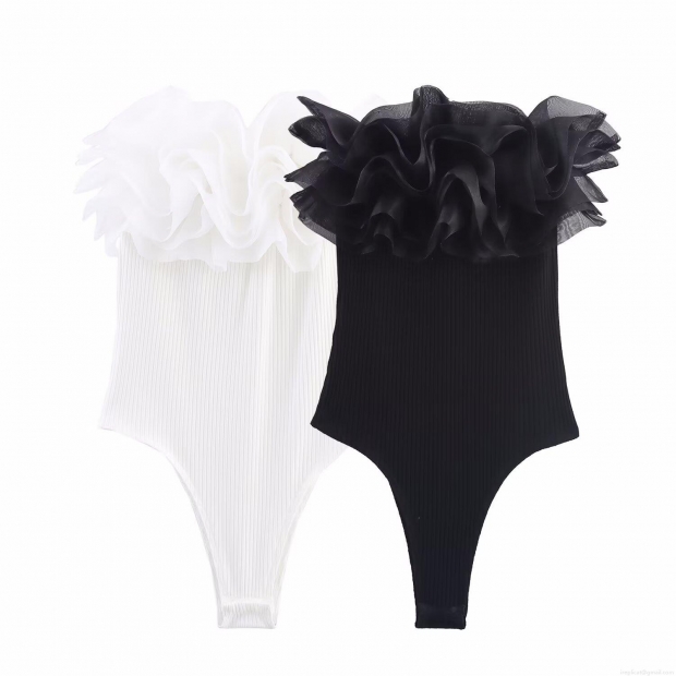 Sexy Women's Ribbed Bodysuit With Layered Organza Ruffle Trim Sleeveless Slim Fit Jumpsuit For Party Clubwear Sleek Style Solid Color White Black Sexy Women's Ribbed Bodysuit With Layered Organza Ruffle Trim Sleeveless Slim Fit Jumpsuit For Party Clubwear Sleek Style Solid Color White Black