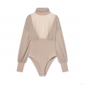 Women's Elegant High Neck Mesh Patchwork Bodysuit Khaki Long Sleeve Backless Pleated Slim Fit Top Fashion Bodycon Party Jumpsuit Leotard Women's Elegant High Neck Mesh Patchwork Bodysuit Khaki Long Sleeve Backless Pleated Slim Fit Top Fashion Bodycon Party Jumpsuit Leotard