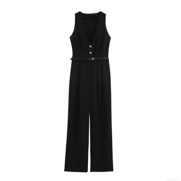 Women's Elegant Sleeveless V Neck Jumpsuit With Belt Fashion Office Commuter Solid Color Wide Leg Long Pants Romper Overalls For Ladies Women's Elegant Sleeveless V Neck Jumpsuit With Belt Fashion Office Commuter Solid Color Wide Leg Long Pants Romper Overalls For Ladies