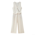 Women's Elegant Sleeveless V-Neck Jumpsuit Polyester Linen Texture Asymmetric Button Decor Wide Leg Long Pants Office Commute One Piece Playsuit Women's Elegant Sleeveless V-Neck Jumpsuit Polyester Linen Texture Asymmetric Button Decor Wide Leg Long Pants Office Commute One Piece Playsuit