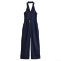 Women's Halter Neck Backless Jumpsuit With Belt Elegant Wide Leg Polyester Romper For Summer Party Ladies Women's Halter Neck Backless Jumpsuit With Belt Elegant Wide Leg Polyester Romper For Summer Party Ladies