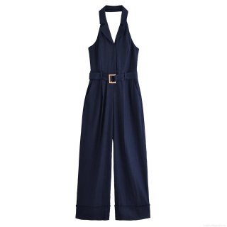 Women's Halter Neck Backless Jumpsuit With Belt Elegant Wide Leg Polyester Romper For Summer Party Ladies Women's Halter Neck Backless Jumpsuit With Belt Elegant Wide Leg Polyester Romper For Summer Party Ladies