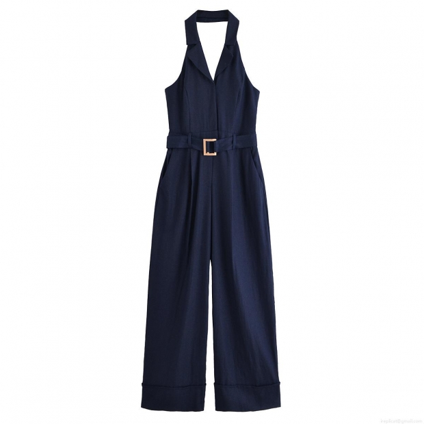 Women's Halter Neck Backless Jumpsuit With Belt Elegant Wide Leg Polyester Romper For Summer Party Ladies Women's Halter Neck Backless Jumpsuit With Belt Elegant Wide Leg Polyester Romper For Summer Party Ladies