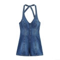 Women's Sexy Backless Denim Halter Jumpsuit Sleeveless Lace-up V-Neck Short Romper Casual Summer Streetwear Blue Denim Jumpsuit Women's Sexy Backless Denim Halter Jumpsuit Sleeveless Lace-up V-Neck Short Romper Casual Summer Streetwear Blue Denim Jumpsuit