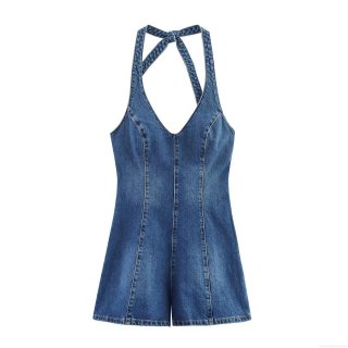 Women's Sexy Backless Denim Halter Jumpsuit Sleeveless Lace-up V-Neck Short Romper Casual Summer Streetwear Blue Denim Jumpsuit Women's Sexy Backless Denim Halter Jumpsuit Sleeveless Lace-up V-Neck Short Romper Casual Summer Streetwear Blue Denim Jumpsuit