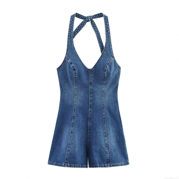 Women's Sexy Backless Denim Halter Jumpsuit Sleeveless Lace-up V-Neck Short Romper Casual Summer Streetwear Blue Denim Jumpsuit Women's Sexy Backless Denim Halter Jumpsuit Sleeveless Lace-up V-Neck Short Romper Casual Summer Streetwear Blue Denim Jumpsuit