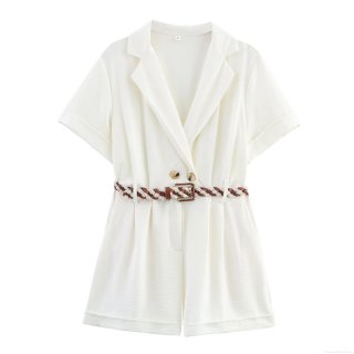 Women's Summer Short Sleeve Lapel Jumpsuit With Braided Belt Solid White Double Breasted Straight Leg Short Romper Streetwear Fashion Casual One Piece Outfit