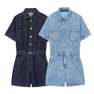 Women's Denim Romper Short Sleeve Single-Breasted Lapel Jumpsuit With Pockets Casual Streetwear One-Piece Play Suit For Women Women's Denim Romper Short Sleeve Single-Breasted Lapel Jumpsuit With Pockets Casual Streetwear One-Piece Play Suit For Women