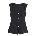 Women's Elegant Sleeveless Square Neck Jumpsuit With Jeweled Rhinestone Buttons Polyester Slim Fit One-Piece Short Romper For Summer Party Streetwear Casual Women's Elegant Sleeveless Square Neck Jumpsuit With Jeweled Rhinestone Buttons Polyester Slim Fit One-Piece Short Romper For Summer Party Streetwear Casual