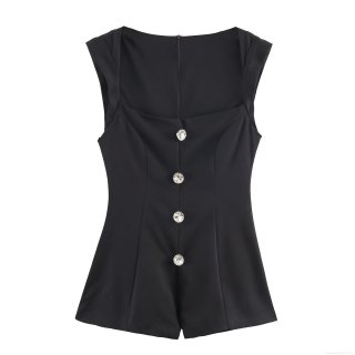 Women's Elegant Sleeveless Square Neck Jumpsuit With Jeweled Rhinestone Buttons Polyester Slim Fit One-Piece Short Romper For Summer Party Streetwear Casual