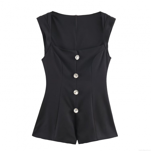 Women's Elegant Sleeveless Square Neck Jumpsuit With Jeweled Rhinestone Buttons Polyester Slim Fit One-Piece Short Romper For Summer Party Streetwear Casual Women's Elegant Sleeveless Square Neck Jumpsuit With Jeweled Rhinestone Buttons Polyester Slim Fit One-Piece Short Romper For Summer Party Streetwear Casual