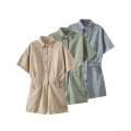 Women's Casual Utility Short Jumpsuit Cotton Blend Lapel Short Sleeve Single Breasted Romper With Pockets Summer Solid Color Waist Cinched One Piece Fashion Outfit For Women Women's Casual Utility Short Jumpsuit Cotton Blend Lapel Short Sleeve Single Breasted Romper With Pockets Summer Solid Color Waist Cinched One Piece Fashion Outfit For Women