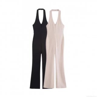 Women Sexy Halter Neck Deep V-Neck Backless Jumpsuit Flare Wide Leg Sleeveless One Piece Bodysuit Romper For Summer Party Clubwear Fashion Outfit