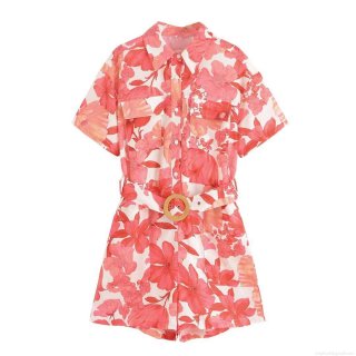 Women's Casual Floral Print Short Sleeve Jumpsuit With Belt Turn-down Collar Button Up Summer Holiday Romper Pocket Decorative Lightweight Outfit