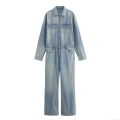 Women's Long Sleeve Denim Jumpsuit Washed Cotton Blend Straight Leg Romper One Piece Casual Streetwear Overalls With Pockets Light Blue Women's Long Sleeve Denim Jumpsuit Washed Cotton Blend Straight Leg Romper One Piece Casual Streetwear Overalls With Pockets Light Blue