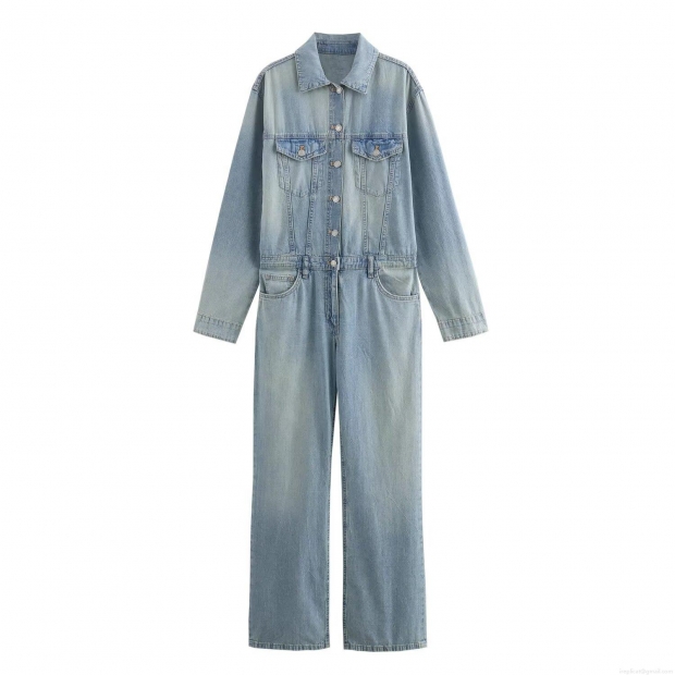 Women's Long Sleeve Denim Jumpsuit Washed Cotton Blend Straight Leg Romper One Piece Casual Streetwear Overalls With Pockets Light Blue Women's Long Sleeve Denim Jumpsuit Washed Cotton Blend Straight Leg Romper One Piece Casual Streetwear Overalls With Pockets Light Blue