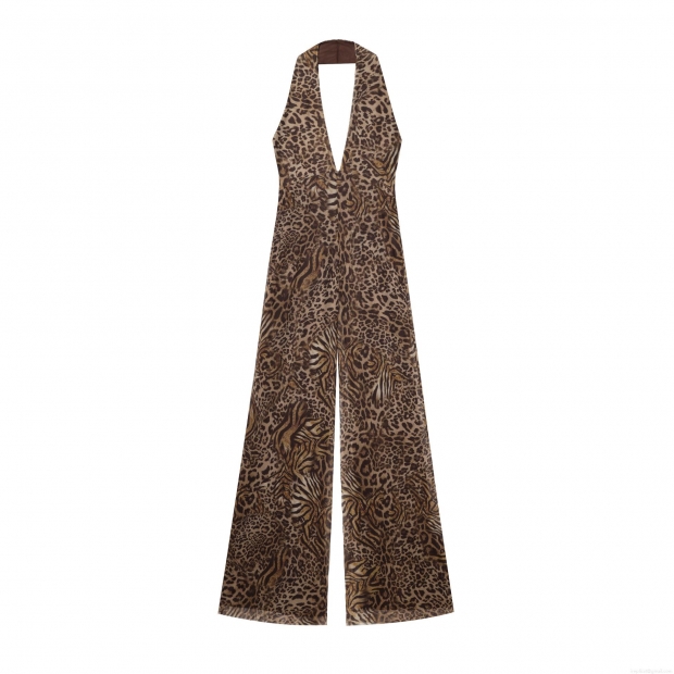 Sexy Women Leopard Print Halter Jumpsuit Sleeveless Mesh Polyester Cotton Blend V Neck Wide Leg Straight Long Romper Party Clubwear Sexy Women Leopard Print Halter Jumpsuit Sleeveless Mesh Polyester Cotton Blend V Neck Wide Leg Straight Long Romper Party Clubwear
