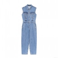 Women's Sleeveless Washed Denim Jumpsuit Balloon Silhouette Button Up Lapel One Piece Romper With Multi Pockets Casual Cotton Blend Jumpsuit For Summer Women Clothing Women's Sleeveless Washed Denim Jumpsuit Balloon Silhouette Button Up Lapel One Piece Romper With Multi Pockets Casual Cotton Blend Jumpsuit For Summer Women Clothing