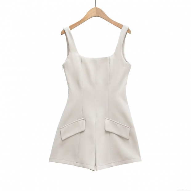 Women's Elegant White Sleeveless Romper Square Neck Slim Fit Woven Polyester One-Piece Shorts With Pockets Summer Fashion Party Ladies Casual Outfits Women's Elegant White Sleeveless Romper Square Neck Slim Fit Woven Polyester One-Piece Shorts With Pockets Summer Fashion Party Ladies Casual Outfits
