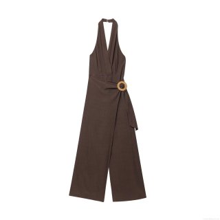 Women's Halter V-Neck Jumpsuit Cotton Ramie Blend Wide Leg Long Pants Elegant Backless One-Piece Romper With Woven Buckle For Summer Beach Vacation Casual Ladies Women's Halter V-Neck Jumpsuit Cotton Ramie Blend Wide Leg Long Pants Elegant Backless One-Piece Romper With Woven Buckle For Summer Beach Vacation Casual Ladies
