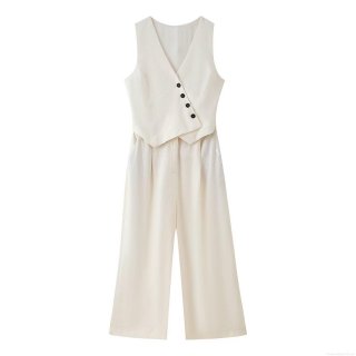 Women's Sleeveless V-Neck Wide Leg Jumpsuit Cotton Polyester Linen Blend Asymmetrical Button Front High Waist One-Piece Romper For Office Summer Wear Women's Sleeveless V-Neck Wide Leg Jumpsuit Cotton Polyester Linen Blend Asymmetrical Button Front High Waist One-Piece Romper For Office Summer Wear