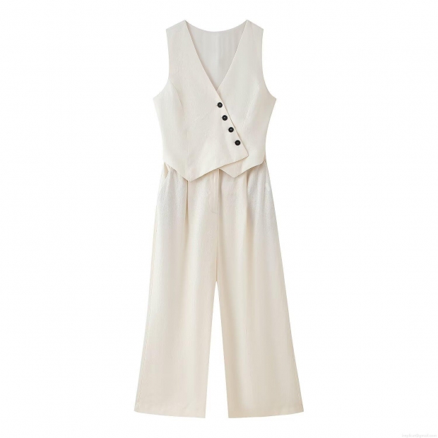 Women's Sleeveless V-Neck Wide Leg Jumpsuit Cotton Polyester Linen Blend Asymmetrical Button Front High Waist One-Piece Romper For Office Summer Wear Women's Sleeveless V-Neck Wide Leg Jumpsuit Cotton Polyester Linen Blend Asymmetrical Button Front High Waist One-Piece Romper For Office Summer Wear