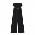Women's Sexy Strapless Jumpsuit With Metal Buckle Belt Elegant High Waist Wide Leg Long Pants Romper For Evening Party Clubwear