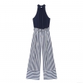 Women's Summer Halter Neck Sleeveless Jumpsuit Cotton Linen Blend Striped Wide Leg Long Pants Romper With Waist Tie Metal Beads Decoration For Vacation Party