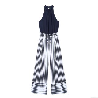 Women's Summer Halter Neck Sleeveless Jumpsuit Cotton Linen Blend Striped Wide Leg Long Pants Romper With Waist Tie Metal Beads Decoration For Vacation Party Women's Summer Halter Neck Sleeveless Jumpsuit Cotton Linen Blend Striped Wide Leg Long Pants Romper With Waist Tie Metal Beads Decoration For Vacation Party