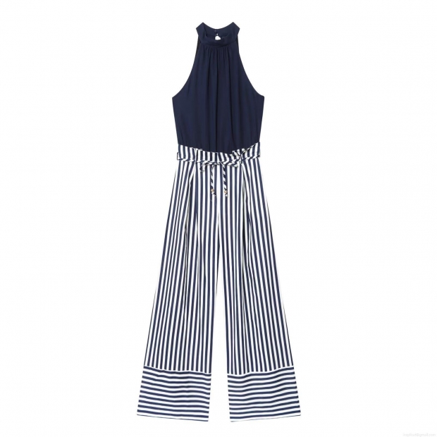 Women's Summer Halter Neck Sleeveless Jumpsuit Cotton Linen Blend Striped Wide Leg Long Pants Romper With Waist Tie Metal Beads Decoration For Vacation Party Women's Summer Halter Neck Sleeveless Jumpsuit Cotton Linen Blend Striped Wide Leg Long Pants Romper With Waist Tie Metal Beads Decoration For Vacation Party