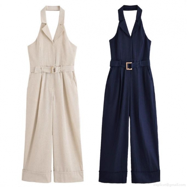 Women's Elegant Halter Neck Jumpsuit with Metal Buckle Belt Lapel Collar Sleeveless High Waist Wide Leg Long Pants Modern Office Business Chic One-Piece Outfit Women's Elegant Halter Neck Jumpsuit with Metal Buckle Belt Lapel Collar Sleeveless High Waist Wide Leg Long Pants Modern Office Business Chic One-Piece Outfit