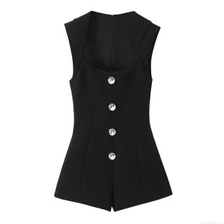 Women's Sleeveless Rhinestone Button Denim Romper Elegant High Waist Jumpsuit With Back Zipper Solid Black Slim Fit Short Jumpsuit For Summer Party Dating