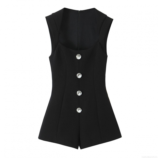 Women's Sleeveless Rhinestone Button Denim Romper Elegant High Waist Jumpsuit With Back Zipper Solid Black Slim Fit Short Jumpsuit For Summer Party Dating Women's Sleeveless Rhinestone Button Denim Romper Elegant High Waist Jumpsuit With Back Zipper Solid Black Slim Fit Short Jumpsuit For Summer Party Dating