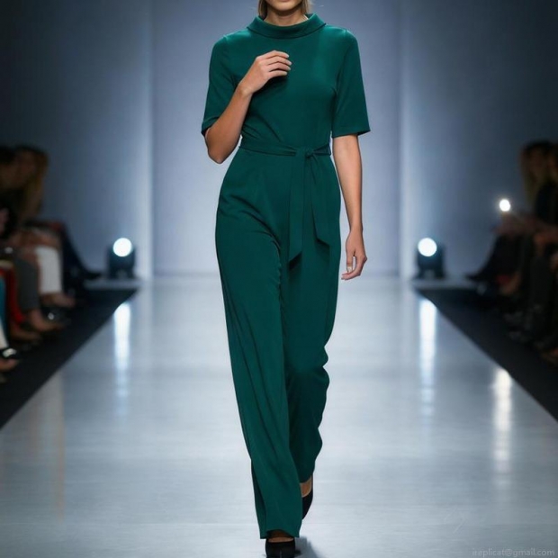 Women's Short Sleeve Lapel Jumpsuit Elegant Solid Color Waist Tie Wide Leg Jumpsuits Classic Commuter Style One Piece Romper Polyester Outfits Women's Short Sleeve Lapel Jumpsuit Elegant Solid Color Waist Tie Wide Leg Jumpsuits Classic Commuter Style One Piece Romper Polyester Outfits
